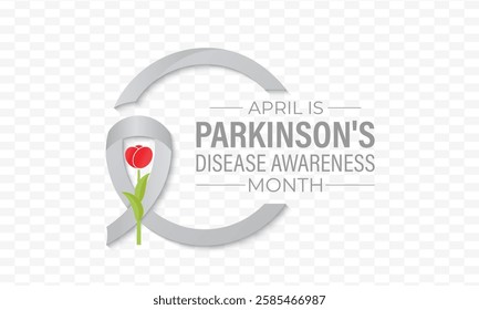 Vector graphic of Parkinson's Disease awareness month is observed every year in April. A mix of red tulips, brain illustrations. The red tulip and Realistic Ribbon. Posters, flyers, banners, cards.