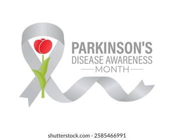 Vector graphic of Parkinson's Disease awareness month is observed every year in April. A mix of red tulips, brain illustrations. The red tulip and Realistic Ribbon. Posters, flyers, banners, cards.