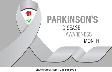 Vector graphic of Parkinson's Disease awareness month is observed every year in April. A mix of red tulips, brain illustrations. The red tulip and Realistic Ribbon. Posters, flyers, banners, cards.