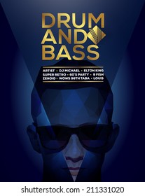 Vector graphic party poster with polygon face and sample drum and bass text