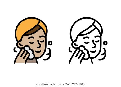 Gráfico vetorial de uma pessoa limpando o rosto ou aplicando maquiagem. Ideal para cuidados com a pele, produtos de beleza, limpadores faciais, serviços de spa, artigos de saúde.