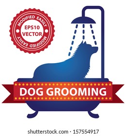 Vector : Graphic For Pet Business Present by Blue Glossy Style Dog Shower in The Bathtub Sign With Dog Grooming Ribbon Isolated On White Background 