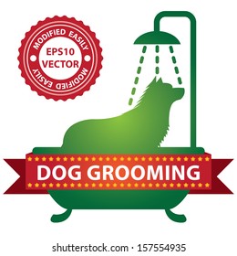 Vector : Graphic For Pet Business Present by Green Glossy Style Dog Shower in The Bathtub Sign With Dog Grooming Ribbon Isolated On White Background 