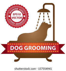 Vector : Graphic For Pet Business Present by Brown Glossy Style Dog Shower in The Bathtub Sign With Dog Grooming Ribbon Isolated On White Background 