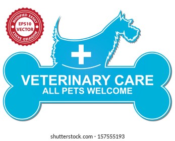 Vector : Graphic For Pet Business Present by Veterinary Care All Pets Welcome With Blue Dog and Cross Mark on The Bone Sign Isolated On White Background 
