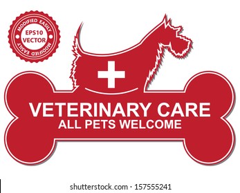 Vector : Graphic For Pet Business Present by Veterinary Care All Pets Welcome With Red Dog and Cross Mark on The Bone Sign Isolated On White Background 