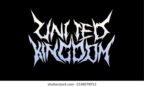 Vector graphic with the phrase "United Kingdom" designed in a heavy metal inspired font. The jagged, spiky text has an aggressive, distorted style, evoking themes of rock music and alternative