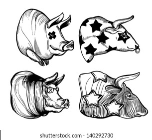 Vector Graphic Picture of Two Cool Domestic Pigs , Bull and Cow in pattern with stars made in etching, vintage technique