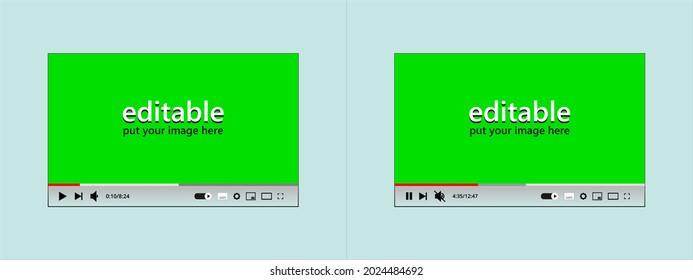 Vector graphic of picture of the video being played in a media player in play, pause, standard volume, slightly high volume, and mute conditions.