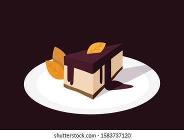 The vector graphic, the piece of cake on the white plate with dark background, EPS10