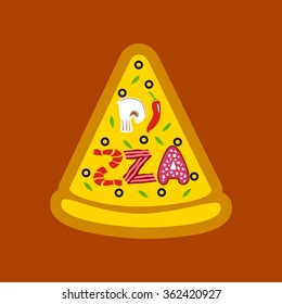 vector graphic piece of pizza with letters in a shape of food ingredients. Vector illustration