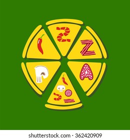 vector graphic pieces of pizza with letters in a shape of food ingredients. Vector illustration