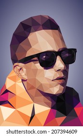 Vector graphic polygon tracing of young man in colorful jacket and sunglasses