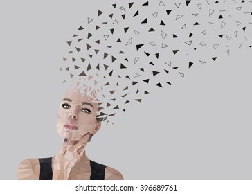 Vector graphic polygonal face with particle divergent composition, beautiful caucasian girl. 