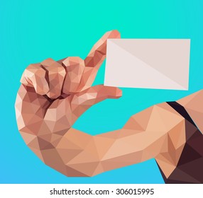 Vector graphic polygonal illustration of a hand holding a business card