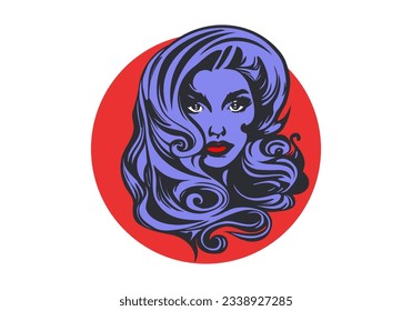 Vector graphic portrait of a beautiful pleasant chic young blue lady with a gorgeous hairstyle, red lips on a circle background. Sea or forest fairy. White isolated background.