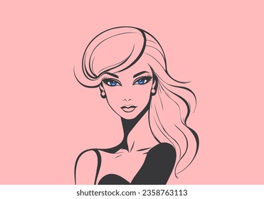 Vector graphic portrait of a cute beautiful sophisticated chic fashionable young lady with blue eyes. Isolated background.