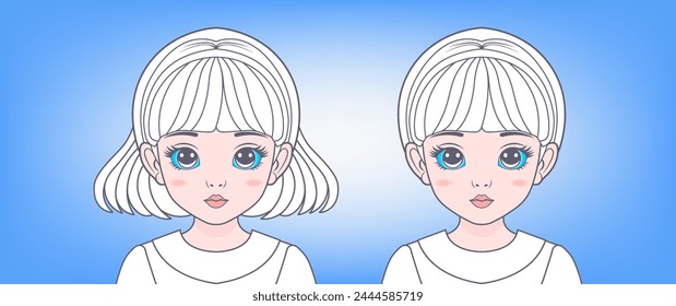 Vector graphic portrait of a cute kawaii beautiful young blonde girls with big blue eyes. Beauty, fashion and hairstyles.