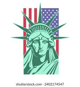 Vector graphic portrait of the green Statue of Liberty against the background of the vertical flag of the USA. Sticker or icon. White isolated background.