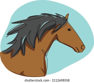 Vector graphic portrait illustration of a brown free horse with abstract turquoise background shape.