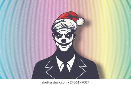 Vector graphic portrait of a strange powerful brutal male clown joker with a menacing look and wearing a Santa Claus hat against the backdrop of a bright colored festive guilloche grid.