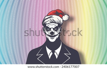 Vector graphic portrait of a strange powerful brutal male clown joker with a menacing look and wearing a Santa Claus hat against the backdrop of a bright colored festive guilloche grid.