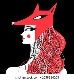 Vector graphic portrait of a woman fox on a dark background