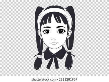 Vector graphic portrait of a young beautiful brunette girl with big expressive eyes and pigtails. Isolated background.