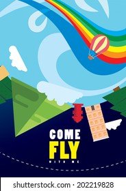 Vector graphic poster illustration of a cityscape with a rainbow, trees and houses