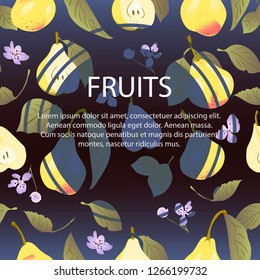 Vector graphic poster. Pears, leaves and flowers. Seamless pattern. Fruit, diet, detox.