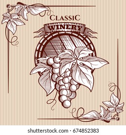 Vector graphic poster with picture of grapes bunch and vine elements. Poster label with a branch of grapes and a wooden barrel monochrome. To create labels, posters, logo of the winery