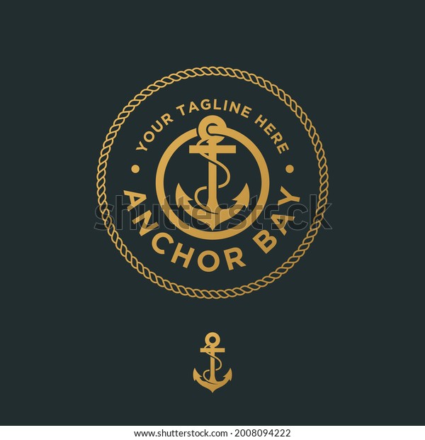 Vector graphic of premium anchor\
logo emblem, abstract anchor into rope circles in gold\
color