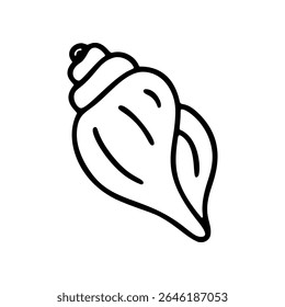 Um gráfico vetorial apresenta uma concha. É um doodle simples com estilo desenhado à mão, usando linhas pretas para criar o ícone