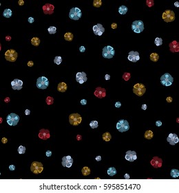 Vector graphic print. Small floral seamless pattern. Delicate little flowers in orange and blue colors on a black background.