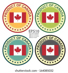 Vector : Graphic for Product Information Concept Present By Colorful Vintage Style Product of Canada Stamp, Sticker, Label or Icon With Canada Flag Sign Isolated on White Background