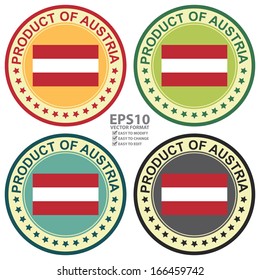Vector : Graphic for Product Information Concept Present By Colorful Vintage Style Product of Austria Stamp, Sticker, Label or Icon With Austria Flag Sign Isolated on White Background 