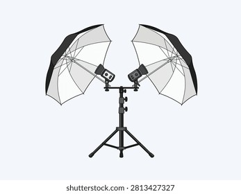 Vector graphic of a professional dual studio flash light setup with softbox reflectors on a tripod stand.