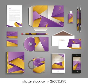 Vector graphic professional identity for your company, with useful elements in yellow and purple