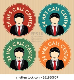 Vector : Graphic For Promotional Sale or Marketing Campaign Present By Circle Colorful Vintage Style 24 HRS Call Center Icon With Call Center or Help  Desk Sign