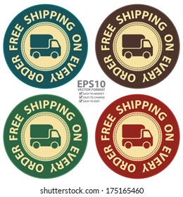 Vector : Graphic For Promotional Sale Or Marketing Campaign Present By Colorful Vintage Style Free Shipping On Every Order Icon, Badge, Label, Button Or Sticker Isolated On White Background