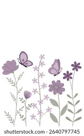 Vector graphic with purple flowers and butterflies. Free space for text. Template for invitations, greetings, social media posts and advertising.