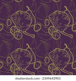 Patrón monocromo de púrpura vectorial con platos franceses. Colección Contour de cocina nacional europea y francesa. Imagen para textiles, scrapbooking, restaurante 