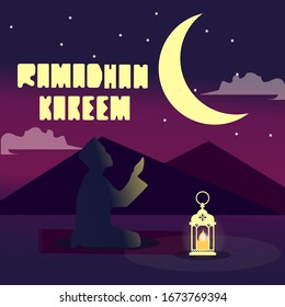 Fondo Ramadhan Kareem Ilustración, musulmán silueta rezando con una linterna debajo de la luna, Mes Santo del Islam