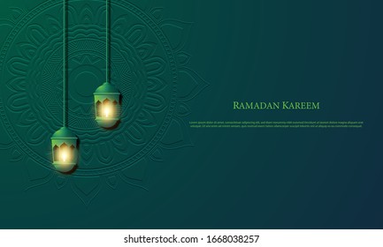 Gráfico vectorial de Ramadan Kareem con Linterna Verde y Fondo. Apto para tarjeta de felicitación, papel pintado y otros.