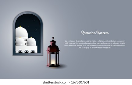 Vector graphic of Ramadan Kareem with Lantern and Mosque. Fit for greeting card, wallpaper and other.