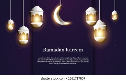 Vector graphic of Ramadan Kareem with Moon and Lantern. Fit for greeting card, wallpaper and other.
