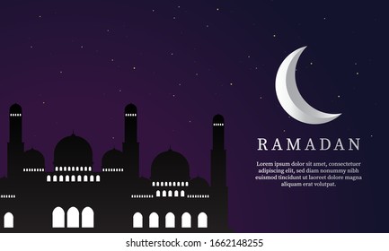 Gráfico vectorial de Ramadan Kareem con mezquita y luna. Apto para tarjetas de felicitación, papel pintado y otro fondo ramadán.