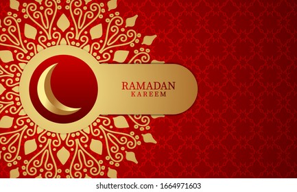 Vector graphic of Ramadan Kareem with Red Pattern Background and Yellow Moon. Fit for greeting card, wallpaper and other ramadan background.