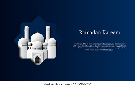 Vektorillustration-Grafik von Ramadan Kareem mit weißer Moschee und blauem Hintergrund. Geeignet für Grußkarten, Tapeten und andere.