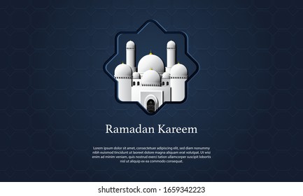 Vektorillustration-Grafik von Ramadan Kareem mit weißer Moschee und blauem Hintergrund. Geeignet für Grußkarten, Tapeten und andere.